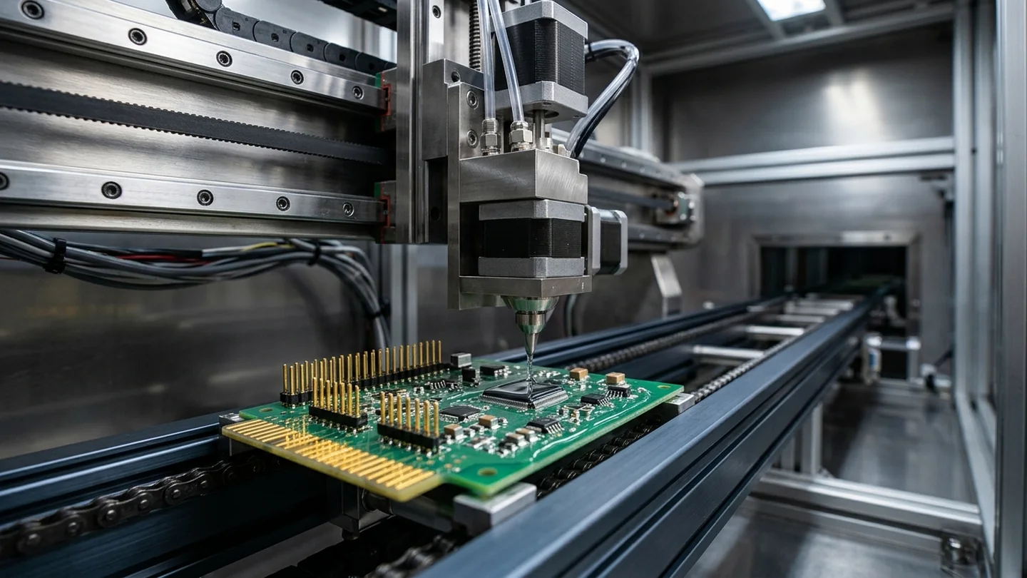 Selective conformal coating machine dispensing head positioned above a populated printed circuit board assembly on a conveyor