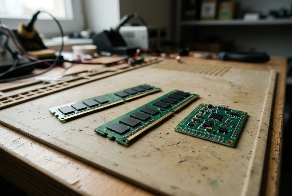 Two green memory modules with black packages beside a small circuit board on a beige mat.