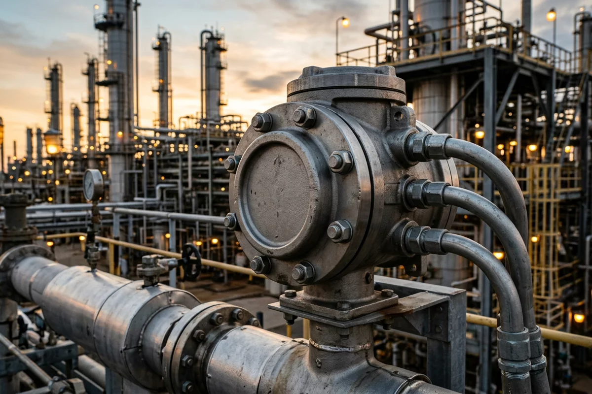 Example of a bolted cast-metal instrument housing on process piping at an industrial plant, not a QX1400 nameplate.