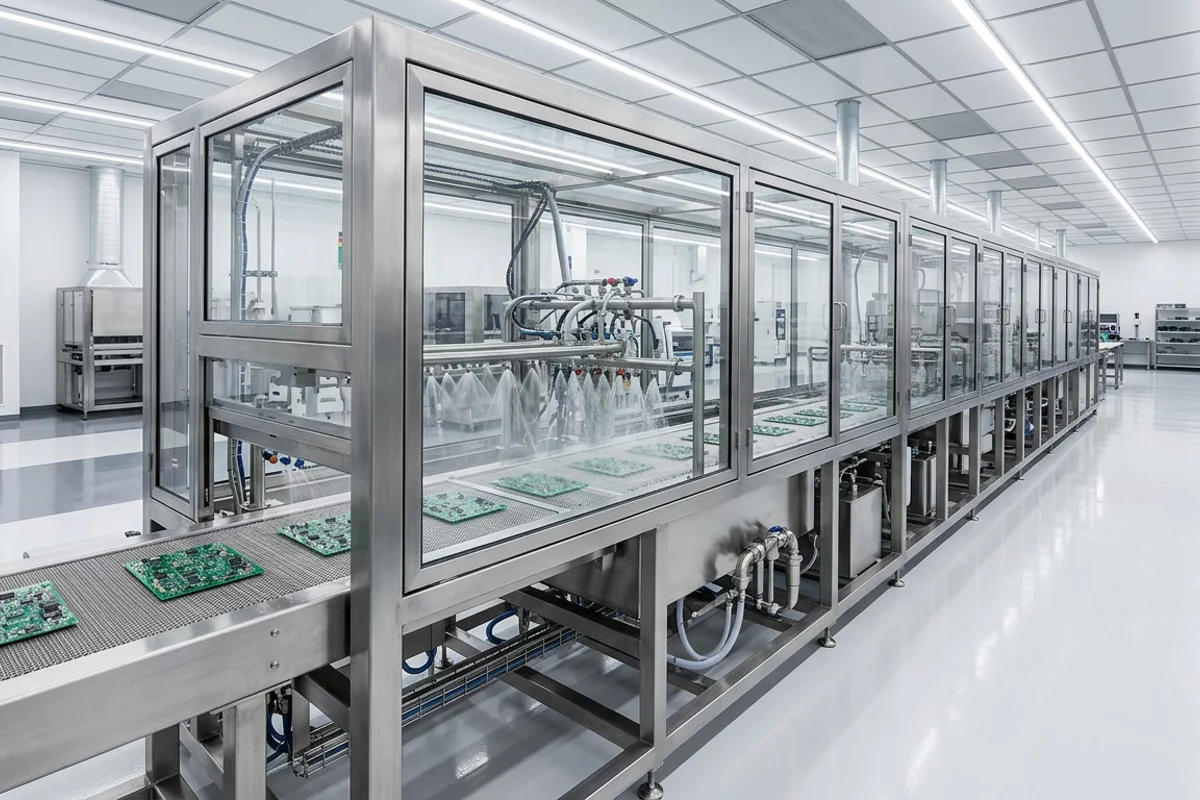 Example of an inline stainless-steel PCB wash line with spray bars and a mesh belt, separate from the Penang headquarters.