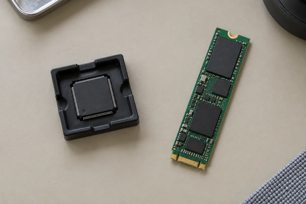 A plain black semiconductor package in a tray beside a narrow green circuit board on a beige mat.