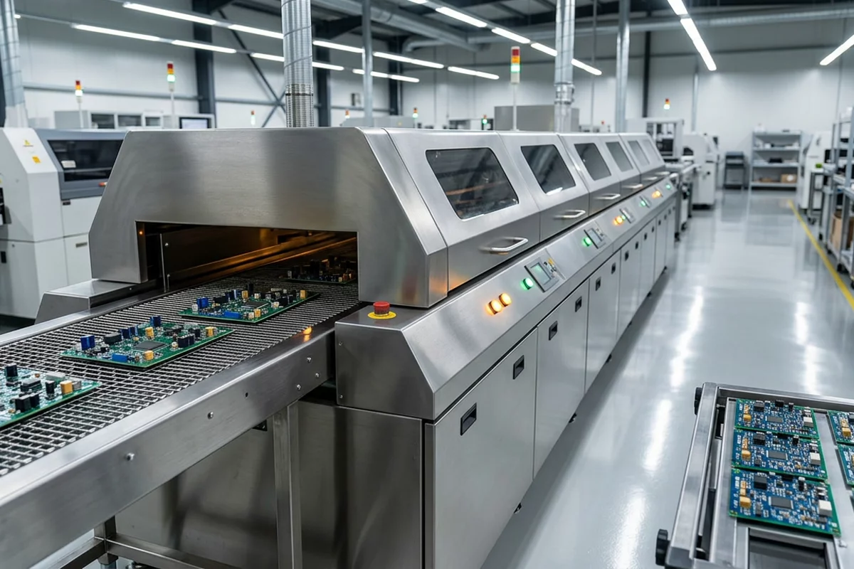 Conveyor reflow oven with mesh-belt transport and populated circuit boards at the tunnel entrance.