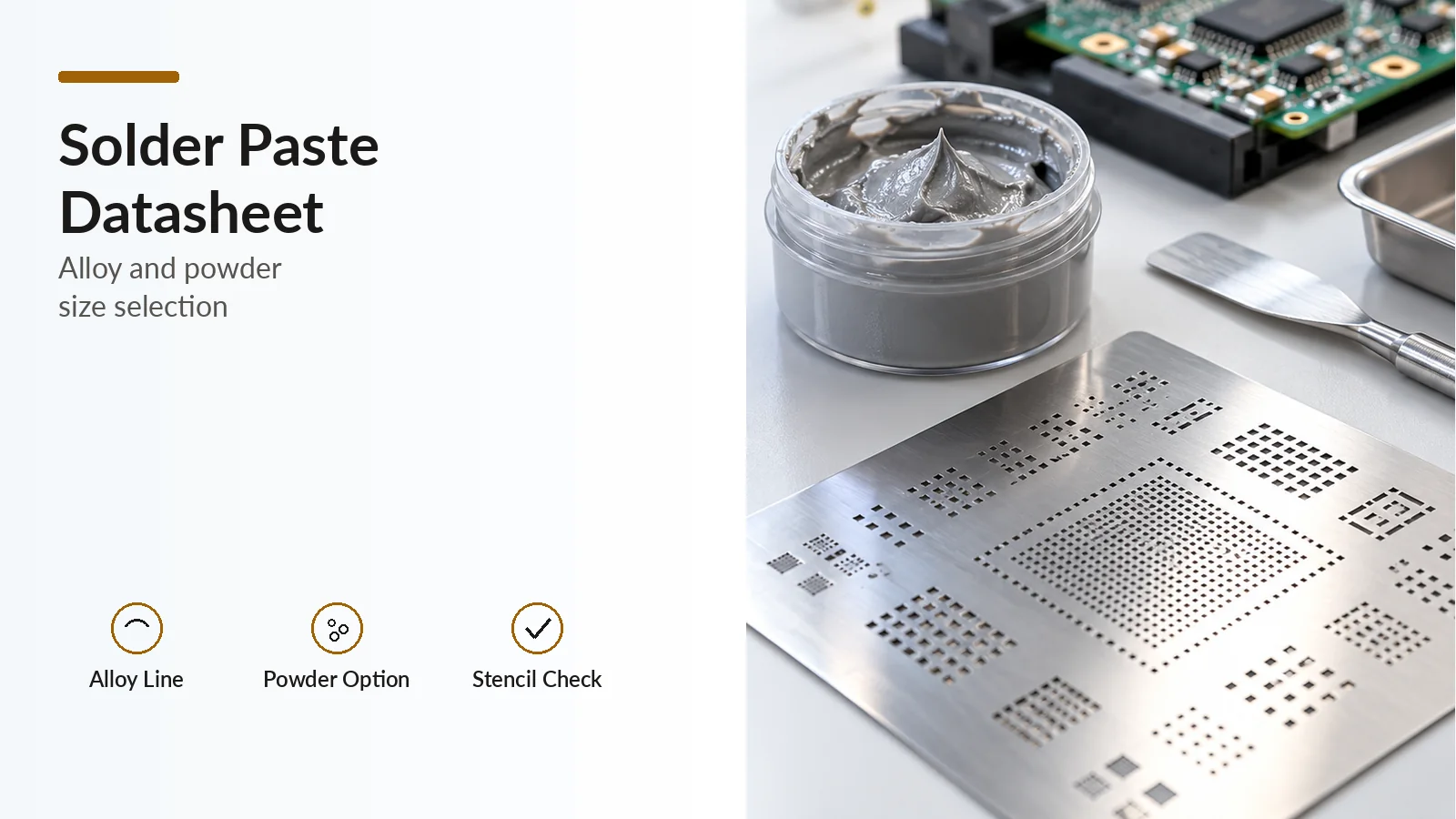 Gray solder paste, a stainless stencil, and a spatula on an electronics bench.