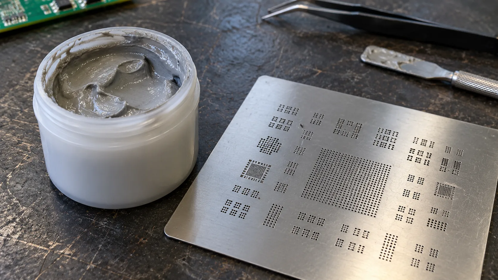 An open jar of gray solder paste beside a bare metal stencil on a dark workbench.