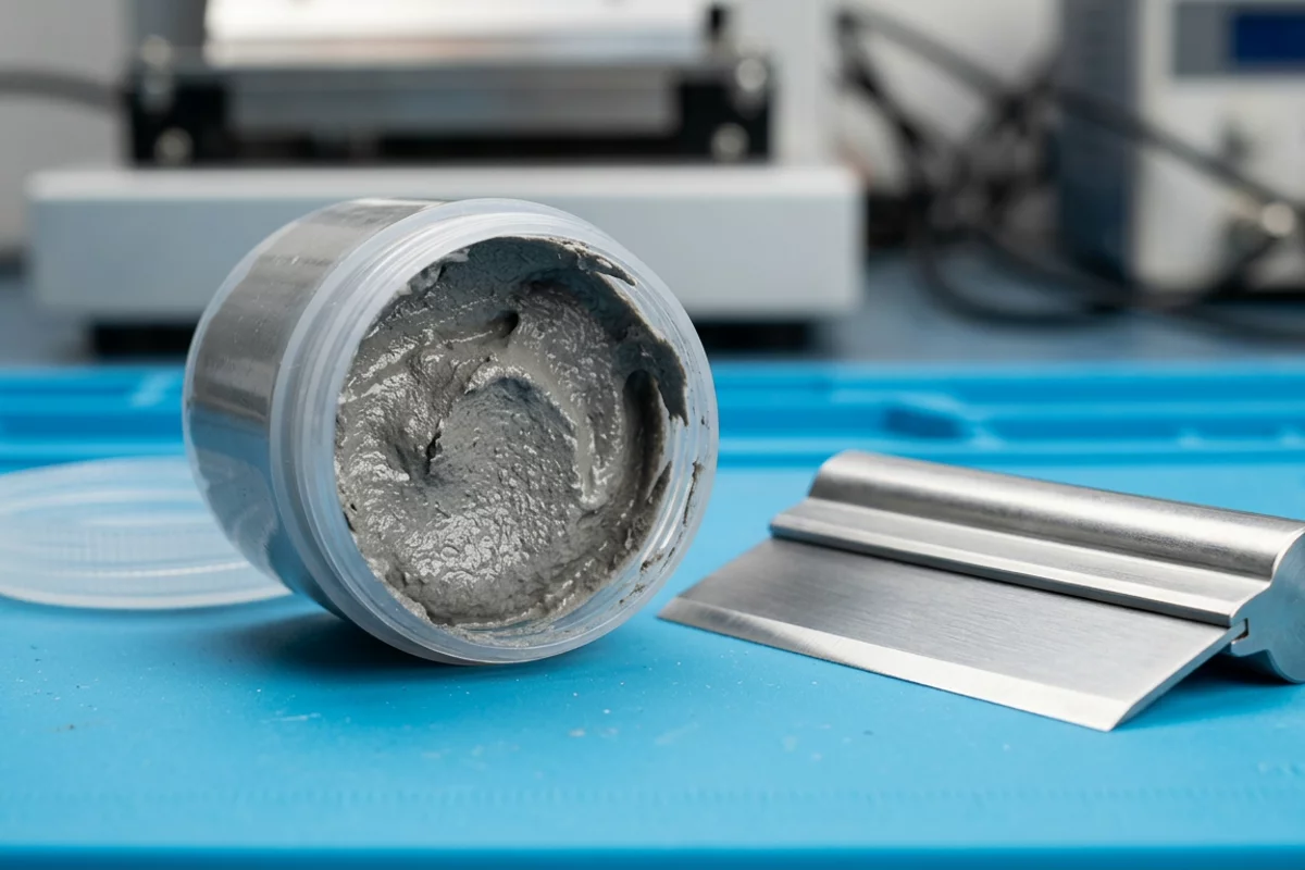 Open jar of gray solder paste beside a metal squeegee on a blue workbench.