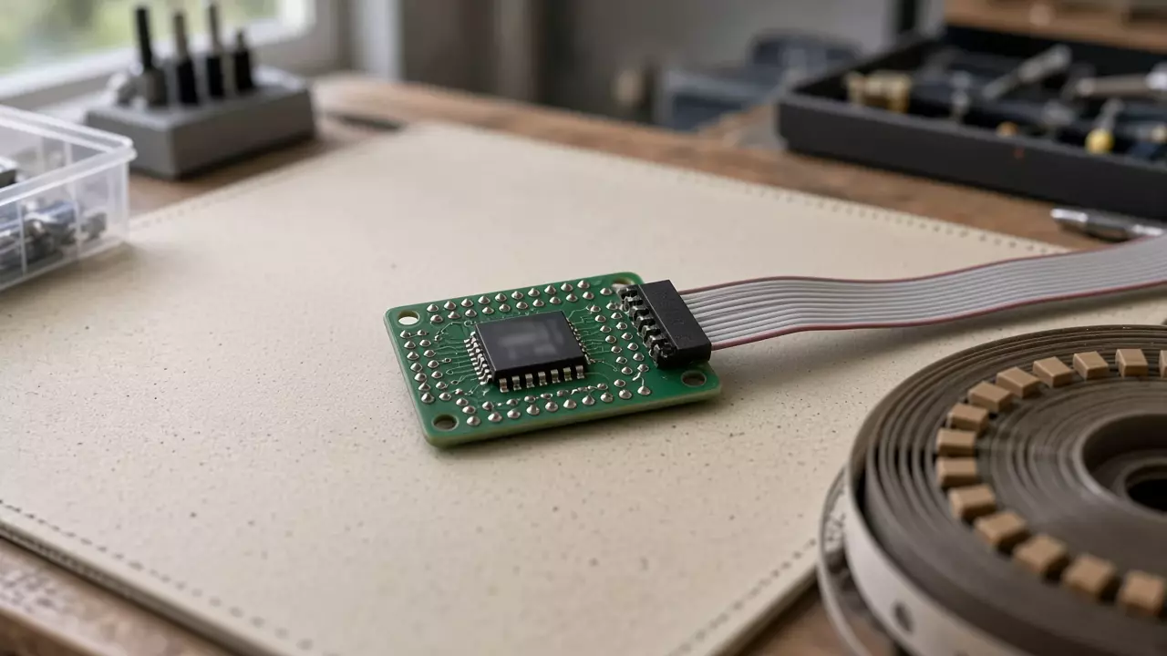 Gray ribbon cable plugged into a header on an unlabeled green board, on a beige mat.