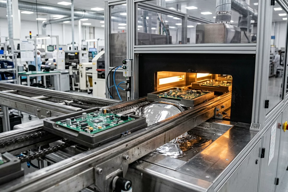 Circuit boards in carrier fixtures on a wave soldering line, with molten solder under the conveyor and a heated zone behind the wave.
